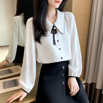 

COIGARSAM Full Sleeve Shirt Womens tops New Spring Chiffon Women shirts Shallow Apricot Dress 859 858