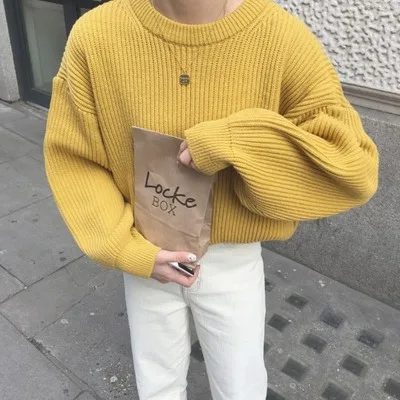 Women Solid Knitted Thickening Oversized Sweater Female Round Neck Long Sleeve Casual Loose Pullovers Top 2021 Autumn Winter Yellow 2