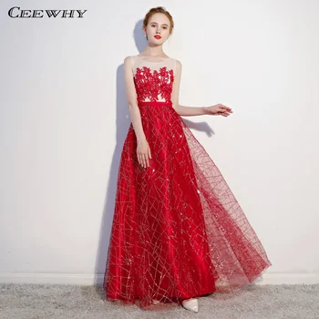 

CEEWHY O-Neck Red Sequin Evening Dress Applique Evening Dresses Long Party Gown Abendkleider Vestido de Festa
