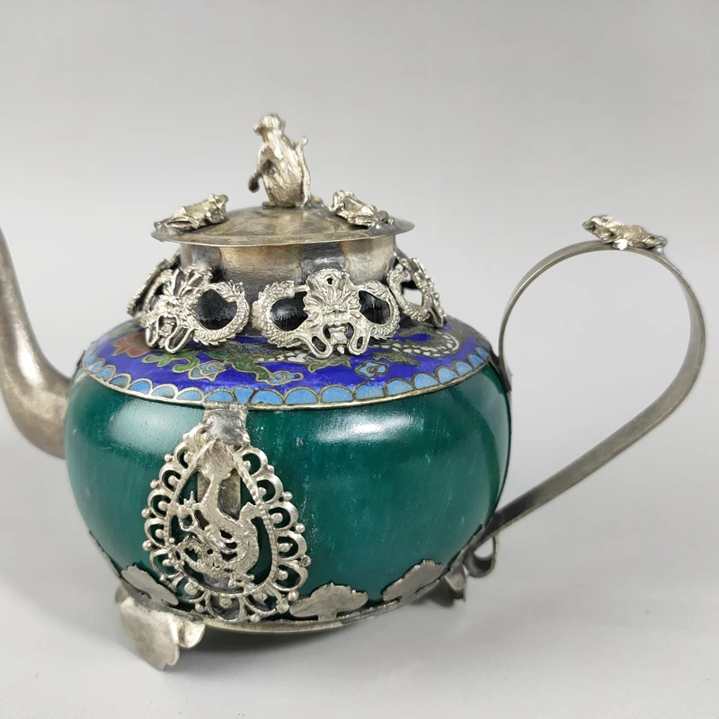 Exquisite Chinese old jade Tibetan silver engraving 12Zodiac teapot Monkey Cover 