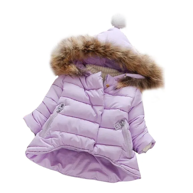 Purple Модные куртки для маленьких девочек; зимние толстовки с капюшоном для девочек; пальто; детская теплая верхняя одежда; детские пальто; куртка с плюшевым воротником и помпоном - Цвет: Purple