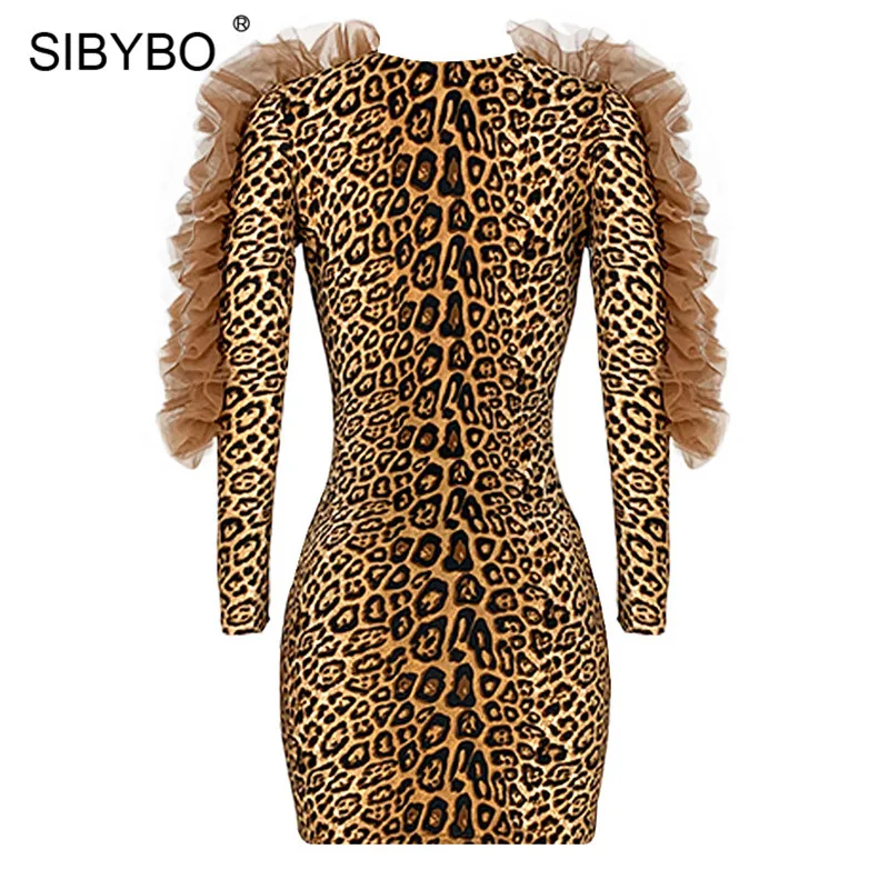 SIBYBO Ruffles Mesh Spliced Sexy Bodycon Dress Long Sleeve Mini Autumn Dress Women V-Neck Leopard Print Elegant Party Dress
