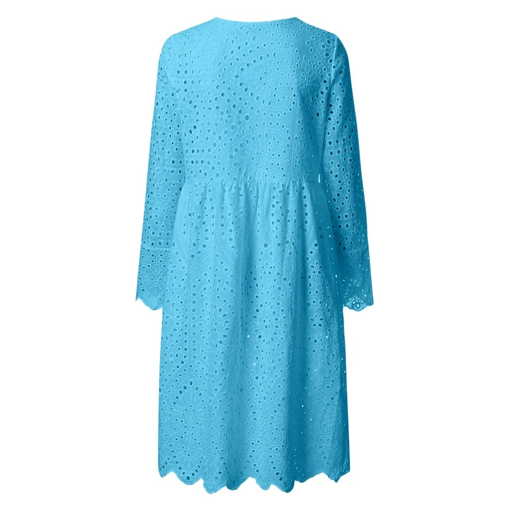 Элегантное выдалбливающее платье для женщин Boho, однотонное, v-образный вырез, длинные платья средней длины с длинным рукавом, Модный повседневный свободный сарафан, vestidos