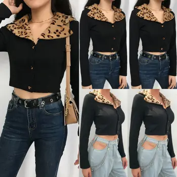 

Women Crop Top Jacket Coat Leopard Collar Casual Long Sleeve Cardigan Outwear Ladies Autumn Winter Short Coats & Jackets