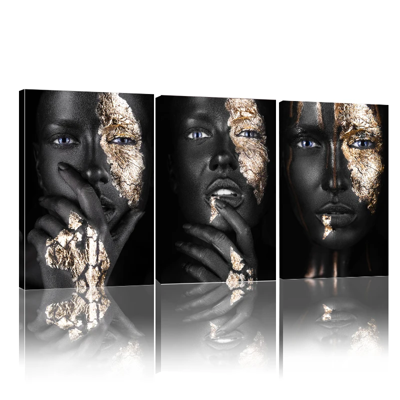 

African Art Black Gold Woman Oil Painting on Canvas Posters and Prints Wall Pictures for Living Room Home Decoration with Frame