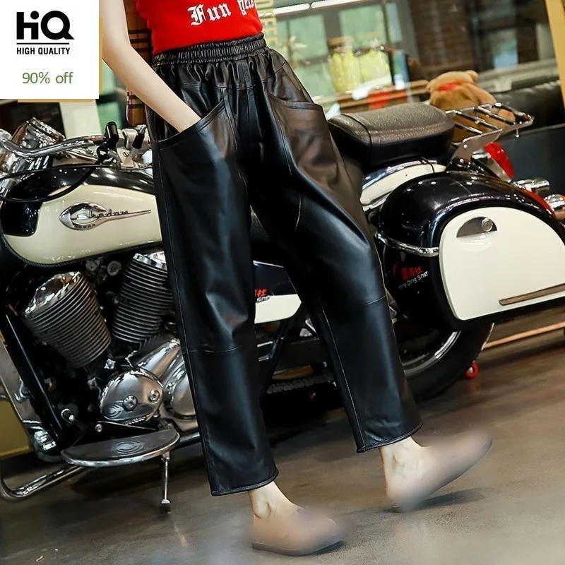 Genuine Leather Women Harem Pants Elastic Waist Casual Sheepskin Ankle-Length Pants Black Loose Big Pocket Leather Trousers Lady Genuine Leather Women Harem Pants Elastic Waist Casual Sheepskin Ankle-Length Pants Black Loose Big Pocket Leather Trousers Lady