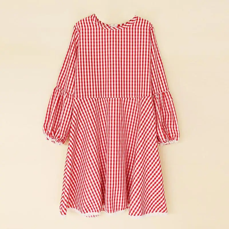 

New Spring Autumn Women Dress Ladies O-Neck Plaid Print Long Sleeve Polyester Pullover Girls Daily Shopping Dress Red S-XL