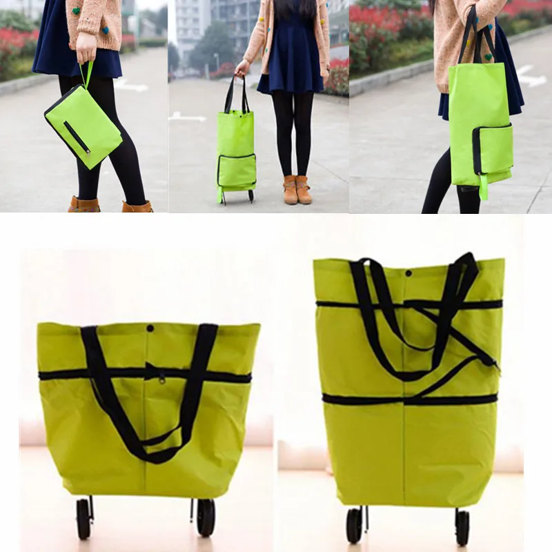 

Tote Tug Bag Foldable Travel on Wheels Portable Shopping Handbag Grocery Cart Rolling Oxfords Reusable Handbags
