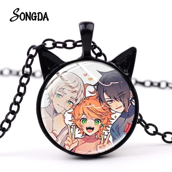 

The Promised Neverland Theme Necklace Anime Art Photo Cat Ear Pendant Necklace Round Glass Dome For Kids Birthday Gifts