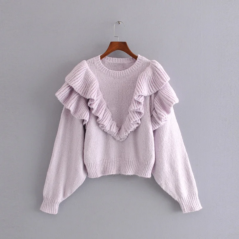 Tangada женские вязаные свитера больших размеров с длинным рукавом и оборками винтажные женские пуловеры Зимний толстый джемпер Стильные повседневные топы 3H327 - Цвет: Фиолетовый