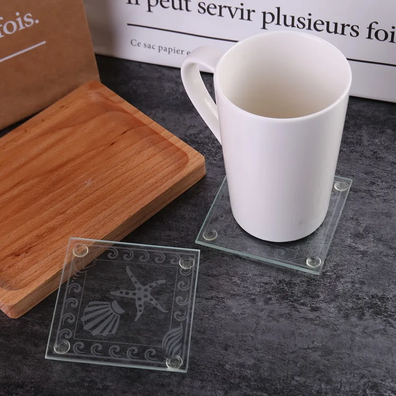 

2Pcs/Set Square Tempered Glass Table Placemats Simple Creative Starfish Shell Mug Coaster Heat-resistant Cup Coasters