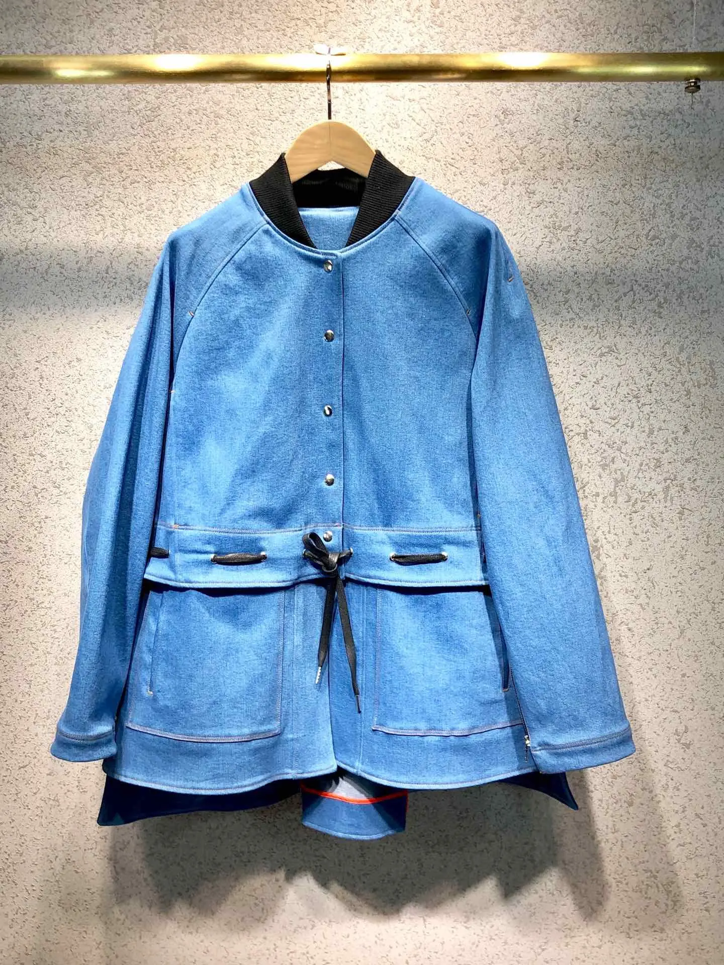 new ladies high quality fashion long sleeve stand collar stitching rope denim jacket 0927