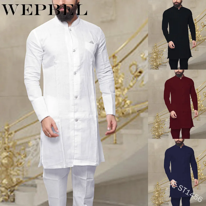 

WEPBEL Muslim Fashion Men's Kaftan Robes Vintage Long Sleeve Linen Button Shirt Islamic Abaya Clothing for Men Plus Size S~5XL