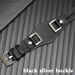 High Quality Vintage Brown Black Cowhide Bracelet Retro Style 24MM Men's Watchband Accessories - 24mm (Black silver buckle)