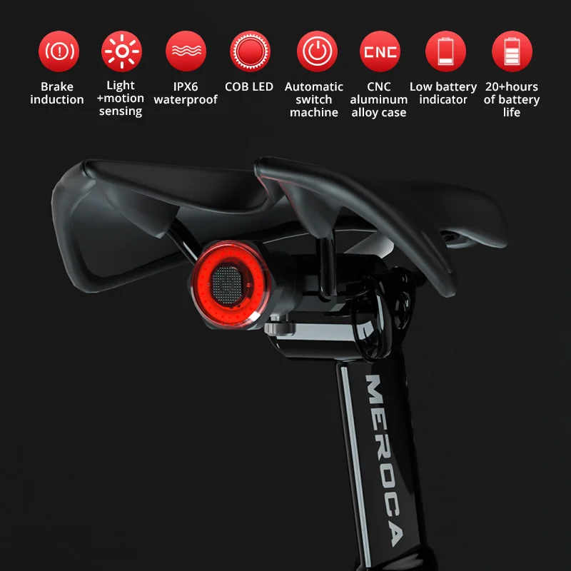 

MEROCA Intelligent Flashlight for Bicycle Auto Start/Stop Brake Sensing IPx6 Waterproof USB Charging LED Taillight Bike Light