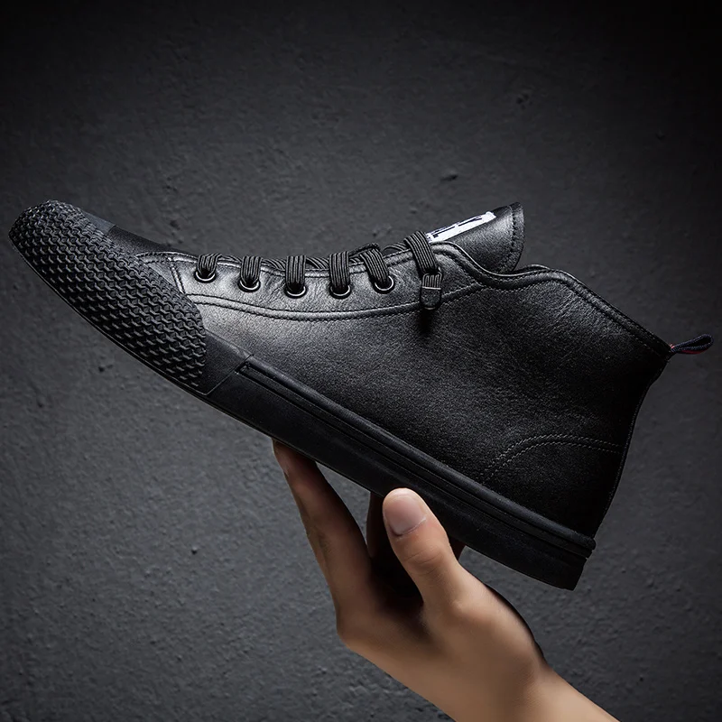 Velvet Autumn Winter Men Shoes High-Top Genuine Leather Outdoor Casual Shoes Sneakers Breathable Non-slip Walking Shoes White Simple - Цвет: Velvet
