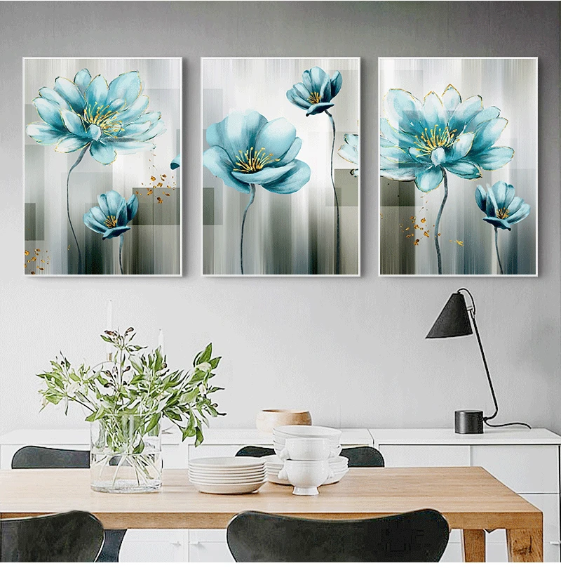 Abstract Blue Flower Canvas Painting Modern Baby Blue Wall Art Picture