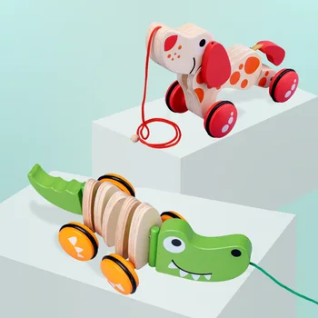 

Wooden Pull Toy Car Child Toddler Toy Cartoon Puppy Can Sit Stand and Roll Hauling Car Rubber Rimmed Wheels Easy Push Kids Gifts