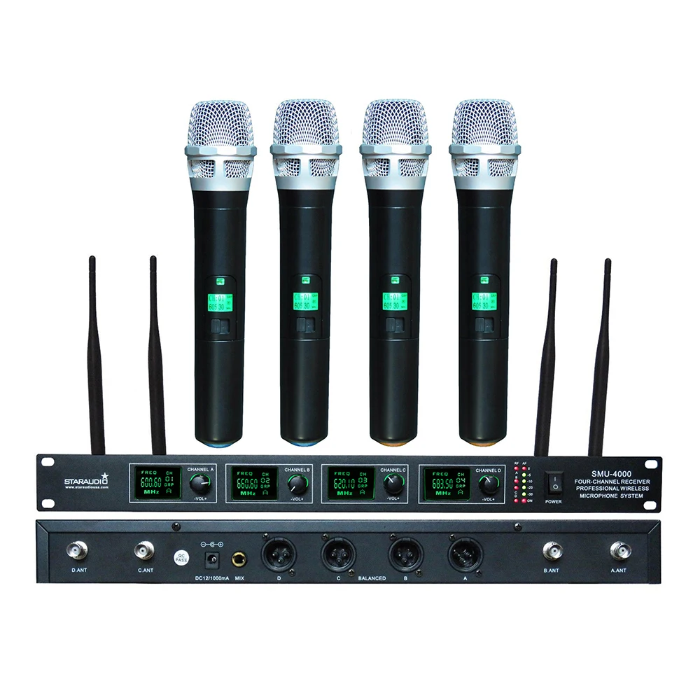 pro audio dj pa stage ktv karaoke church 4ch wireless party uhf mic system microphone with handheld