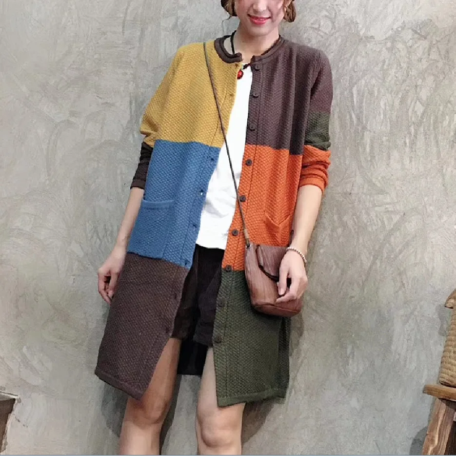 

2019 autumn cardigan literary large plaid loose casual jacket long knit cardigan sweater XD