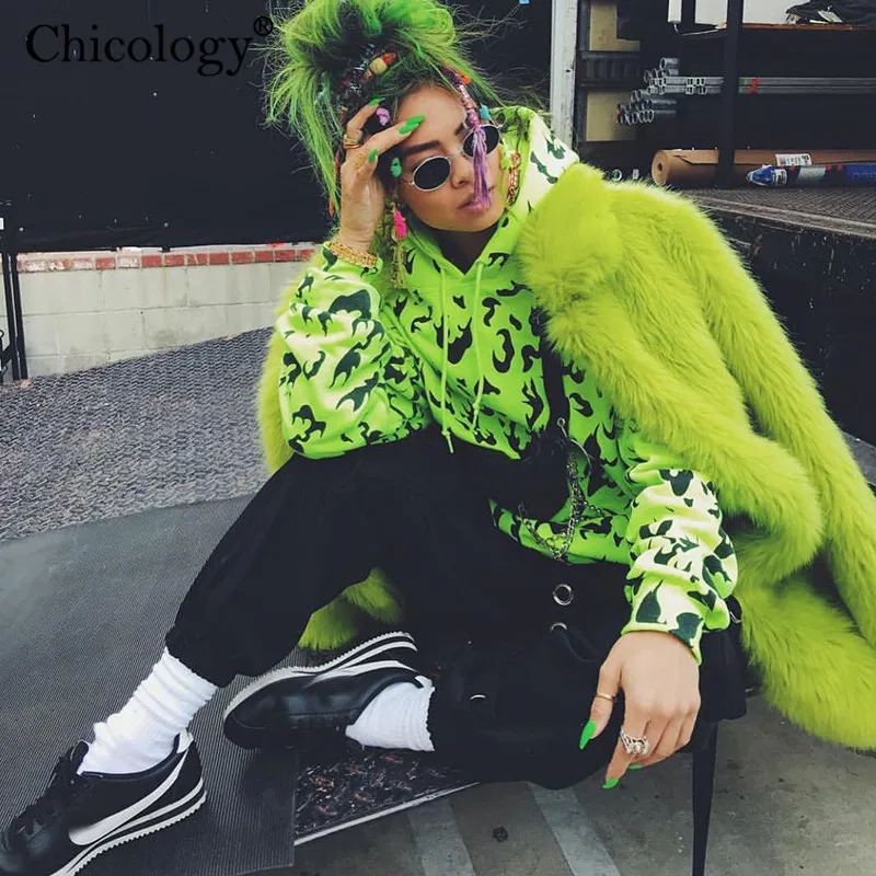  Chicology fire print streetwear hoodie long sleeve pocket women oversize sweatshirt 2019 autumn win