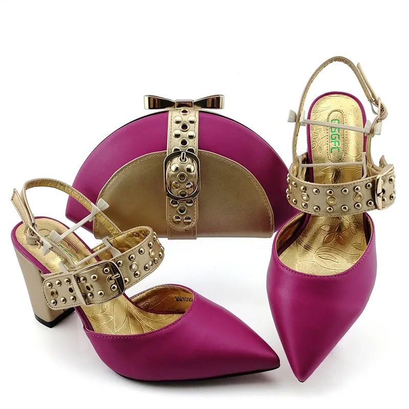 

New Arrival Fuchsia African Shoes and Bags Matching Set Metal decoration Nigerian Shoes Matching Bag Shoes and Bags To Match