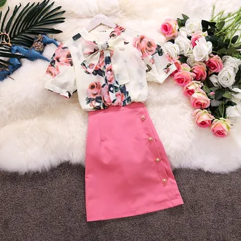 

Summer Two Piece Set Bow Collar Floral Print Perspective Chiffon Shirt Top + Pink Mini Skirt Set Ladies Flower 2 Piece Set Women