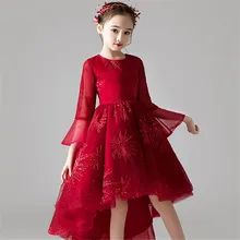 Новое Элегантное Сетчатое платье принцессы винно-красного цвета с бантом на день рождения, свадьбу, вечеринку для маленьких девочек, детское платье для игры на фортепиано