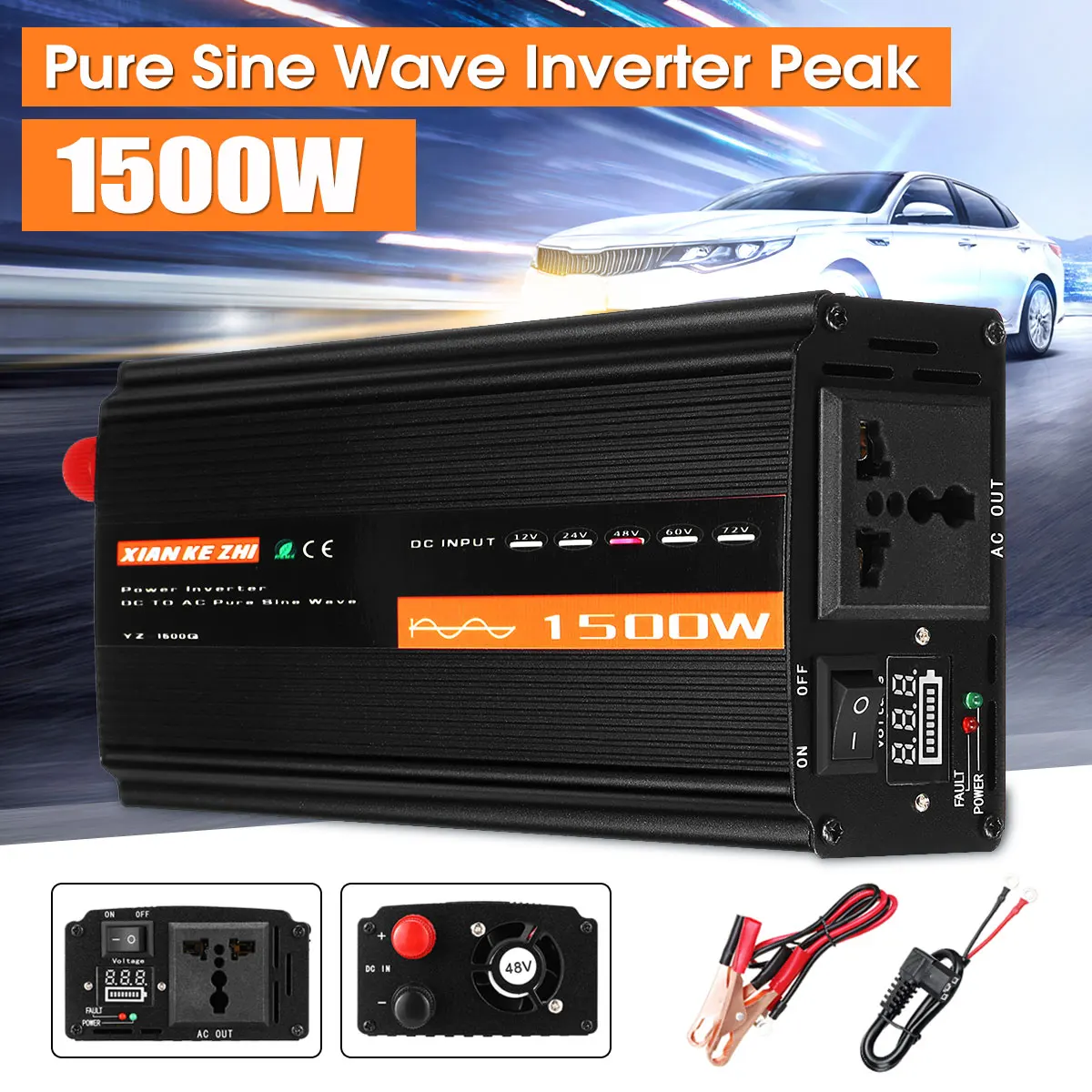 Инвертор 12V 220V 1500W Солнечная Чистая синусоида DC12V/24V/48V к AC220V 50HZ усилитель
