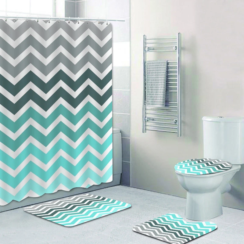 Juego de cortina de ducha con de cheurón, juego de cortinas geométricas para baño, alfombra para inodoro, decoración en Zigzag, color gris azulado, Aqua, azul|Cortinas de ducha| - AliExpress