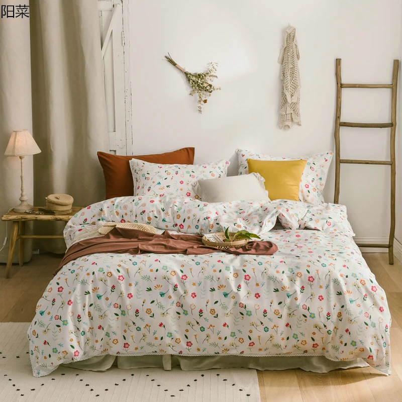 

Korean 100%cotton flowers bedding set Small floral Gray bedspread embroidered lace set Luxury princess printed quilt cover twin
