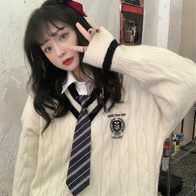 Student Uniforms Women Korean Version Style V-neck Loose Casual Knitted Sweater Autumn Winter
