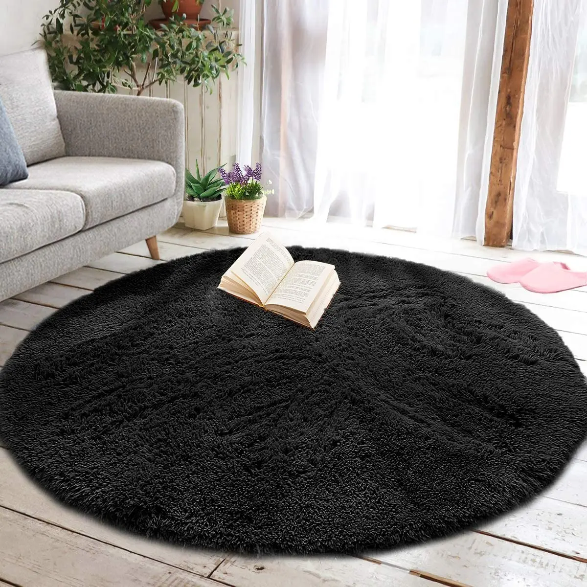 5X5 Black Fluffy Round Rug for Living Room Luxurious Circle Carpet for  Bedroom Shaggy Plush Soft Grey Round Rug Home Decoration Carpets (5x5,  Black)