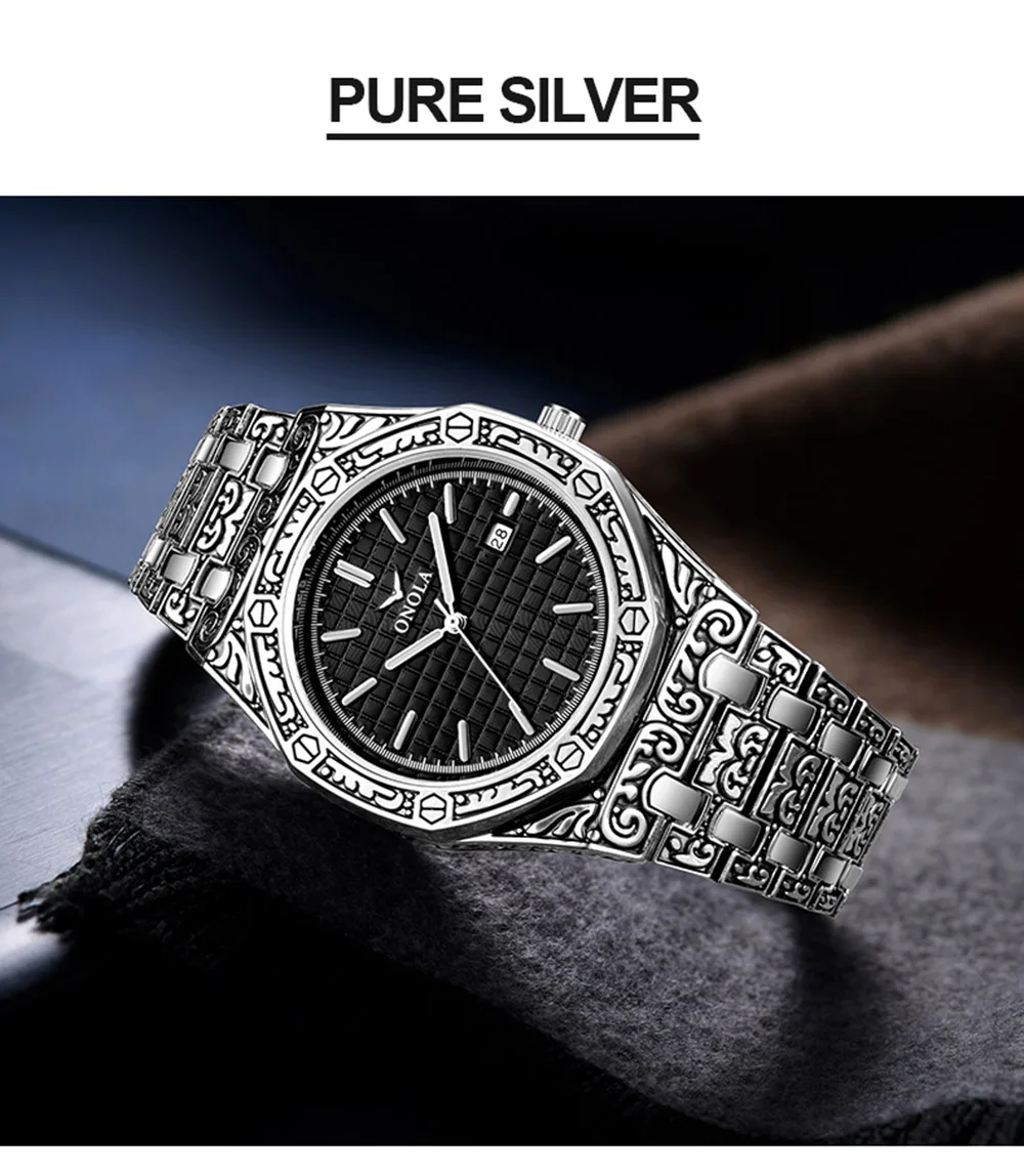 ONOLA винтажные мужские часы с резным узором, водонепроницаемые креативные наручные часы со стальным ремешком, модные бизнес дизайнерские Роскошные брендовые золотые мужские часы