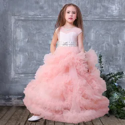 Pink Flower Girl Dresses For Weddings Ball Gown Cap Sleeves Tulle Beaded Long First Communion Dresses Little Girl