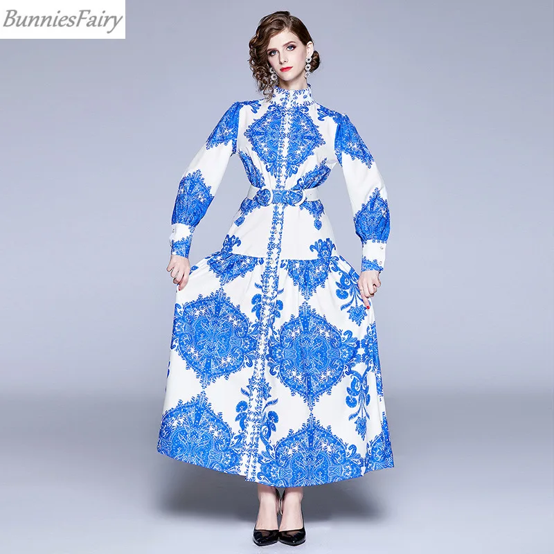 BunniesFairy осеннее женское элегантное винтажное абстрактное сине-белое фарфоровое свободное платье макси с цветочным принтом Пейсли с длинным рукавом