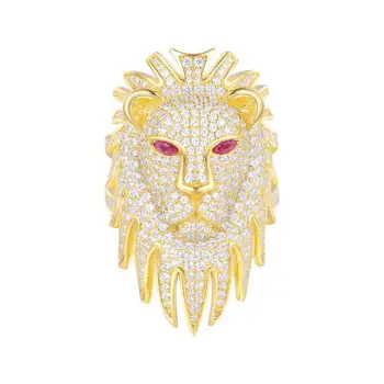 

SLJELY High Quality Real 925 Sterling Silver Yellow Gold Color Luxurious Red Eyes Lion Finger Ring Pave Cubic Zirconia for Women