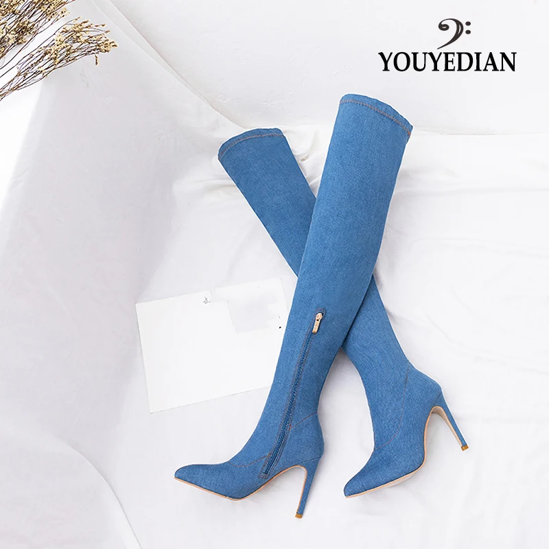 

YOUYEDIAN winter boots women knee high long boots Ladies Fashion Denim Over Knee Thin Heels Shoes Long Tube Boots 2019#729g40
