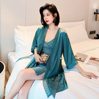 

Kimono Bathrobe Gown Lace Patchwork Intimate Lingerie 2020 Spring New Nightdress Female 2PCS Nighty&Robe Satin Home Clothing