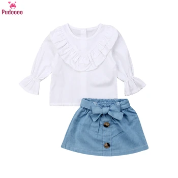 

Spring Autumn Toddler Kids Baby Girl 2pcs Clothes Set White Long Sleeve Ruffle Tops+Denim A-Line Skirts Outfits Sets 1-5 Y