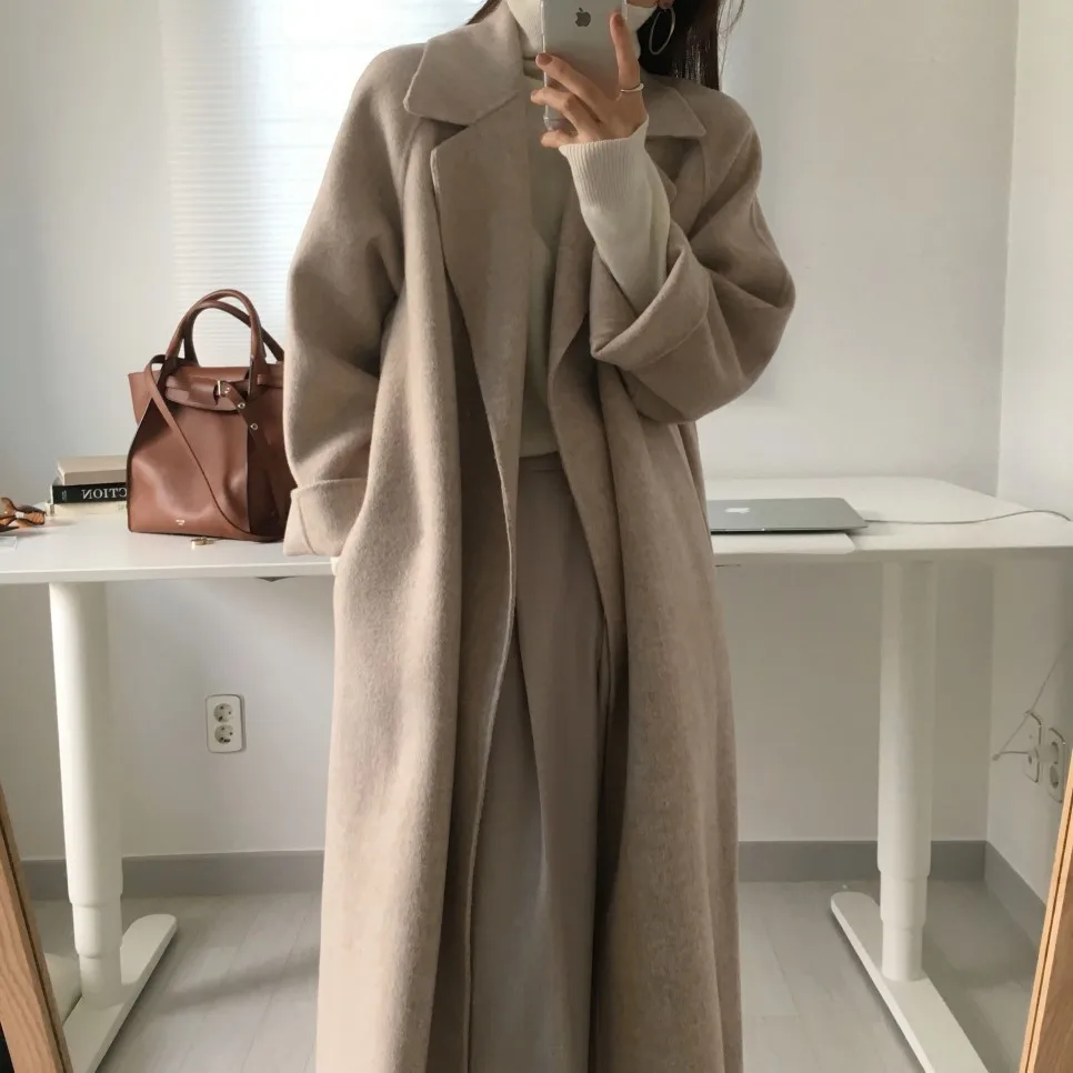 Women's Jacket 2021 Autumn and Winter Long Wool Coat with Belt Solid Color Long-Sleeved Chic Slim Down Shoulder Coat long puffer jacket