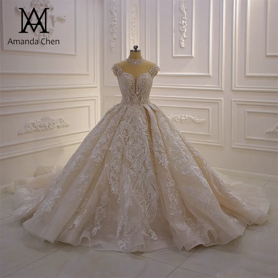 

trouwjurk High Neck Lace Appliques Cap Sleeve Illusion Back Wedding Dress