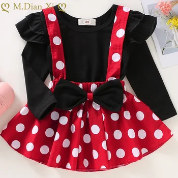 

Girls Clothing Sets Spring Autumn Solid Color Black Long Sleeve Top + Polka Dot Strap Skirt 2pcs Sets Baby Girl Clothes Outfits