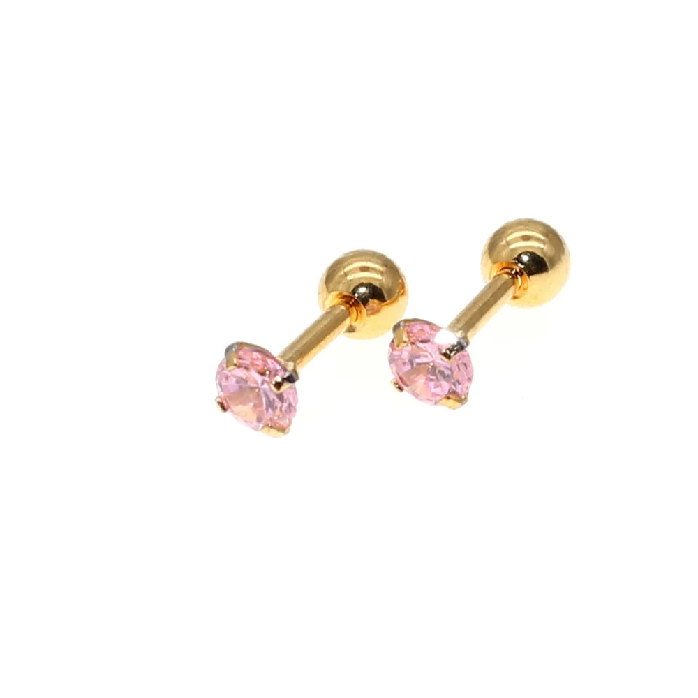 Needle 1.2*6MM Stainless Steel Screw-back Pink Zircon Stud Earrings Golden IP Plating No easy Fade Allergy Free