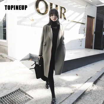 

Autumn Winter Coat Women 2019 Casual Wool elegant slim wool coat Female Elegant with belt Long Coat Ladies Plus size