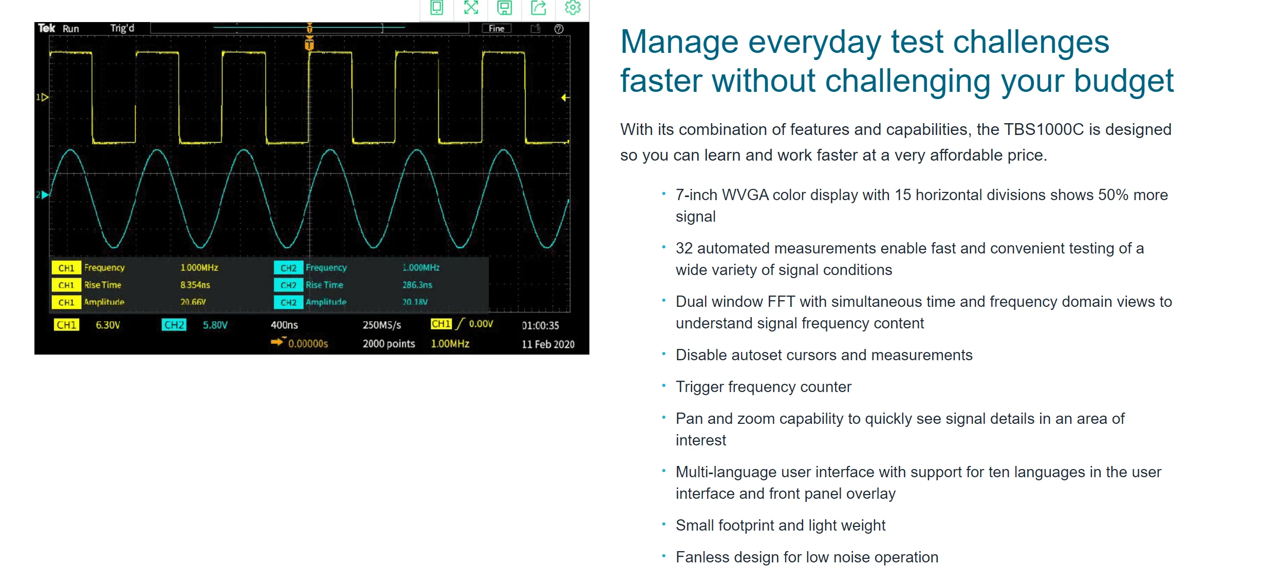 Tektronix TBS1102C Digital Storage Oscilloscope 2 Channel 1 GS/S Sample Rate 100