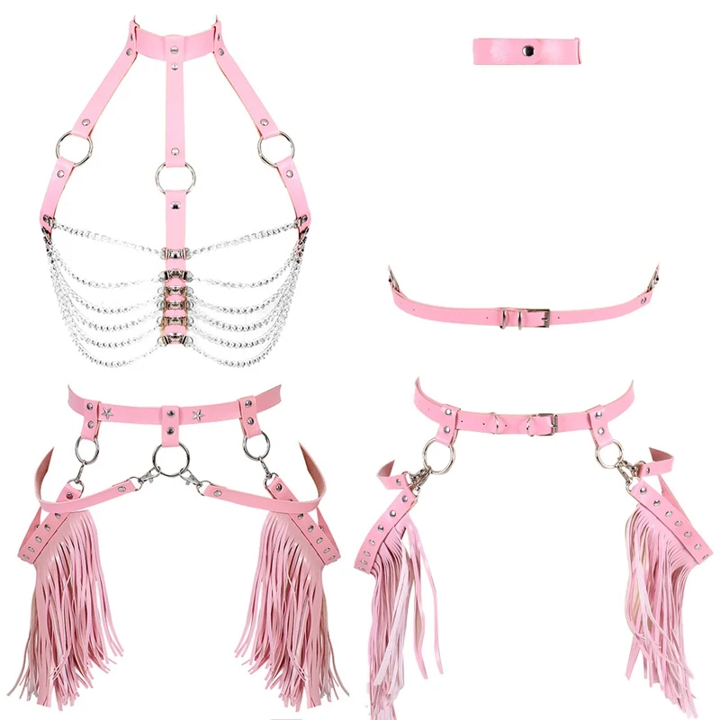 Тела ремень-подвязка ремень комплект в стиле готик-панк с кисточками в стиле «Бохо талии Ремни плоскозвенная цепь размера плюс Для женщин бюстгальтер сексуальный чулок для танцев в ночном клубе