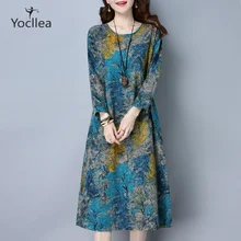 Осеннее хлопковое льняное платье для женщин, свободное, плюс размер, с принтом, с длинным рукавом, с карманом, Повседневное платье, облегающее, плюс размер, женская одежда Vestidos