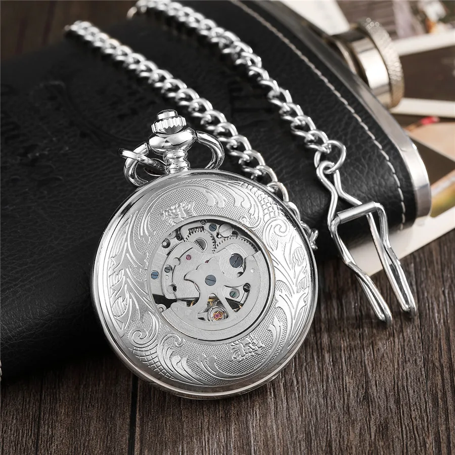 Retro Hand Wind Mechanical Pocket Watch Men Hollow Steampunk Silver Chinese Style Engraved Skeleton Fob Watch Reloj de bolsillo