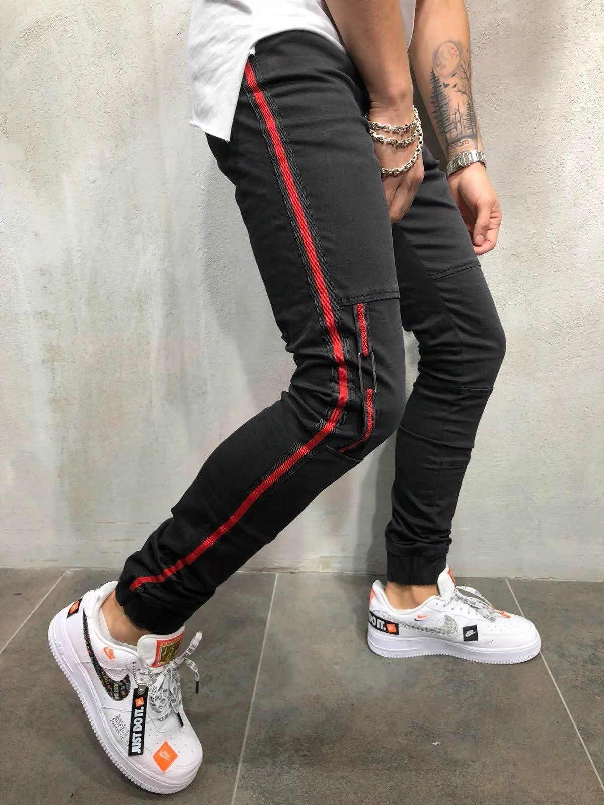 Promo Mens Side Stripe Skinny Denim Jeans Hip Hop Streetwear Black Pencil Pants Plus Size Slim Fit Mode Homme Jean Trousers for Man